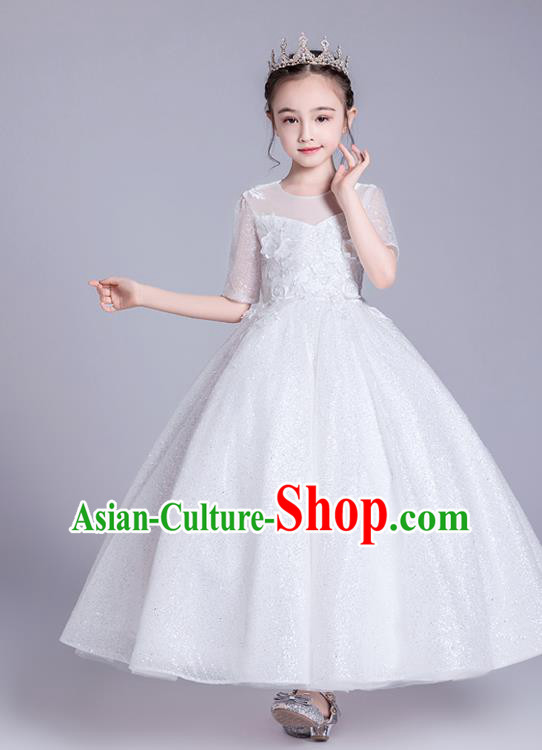 Top Grade Stage Show Princess White Bubble Dress Girls Birthday Costume Children Compere Veil Full Dress