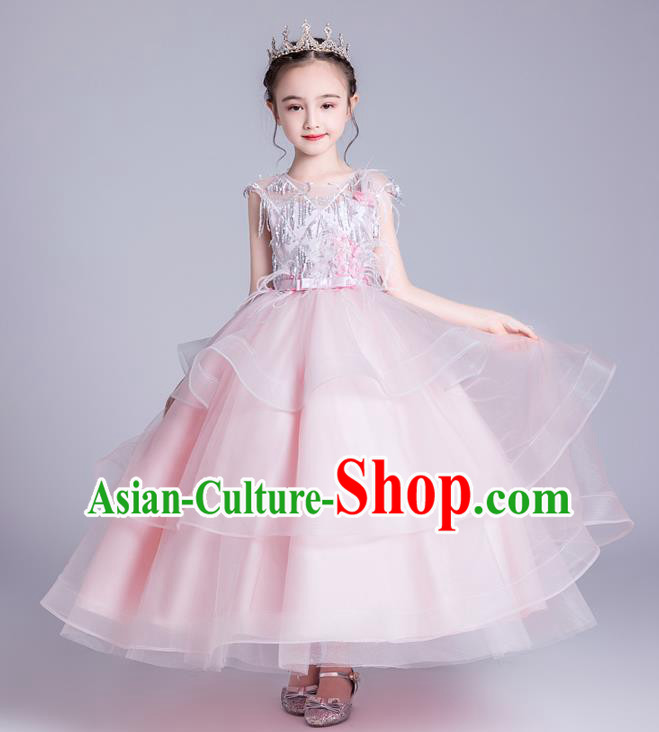 Top Grade Stage Show Princess Pink Veil Dress Girls Birthday Costume Children Compere Bubble Full Dress