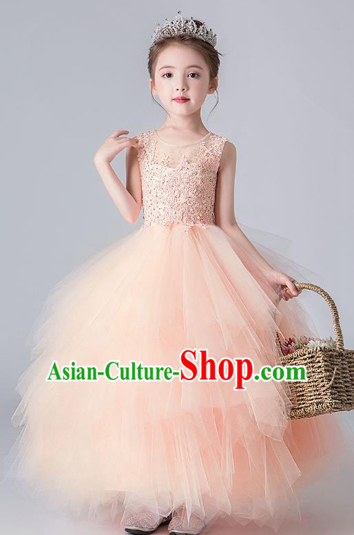 Professional Stage Show Pink Bubble Dress Girls Birthday Costume Children Top Grade Compere Veil Full Dress