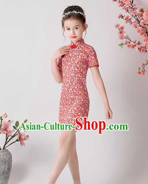 Chinese Traditional Tang Suit Red Qipao Dress Apparels Ancient Girl Costumes Stage Show Short Cheongsam for Kids