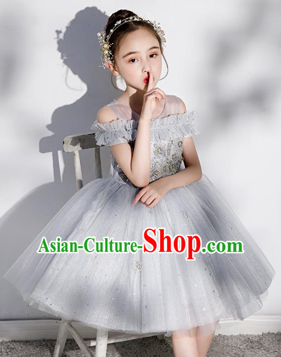 Professional Stage Show Grey Veil Bubble Dress Girls Birthday Costume Children Top Grade Compere Short Full Dress