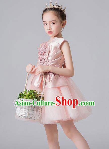 Professional Stage Show Pink Veil Bubble Dress Girls Birthday Costume Children Top Grade Compere Short Bowknot Full Dress