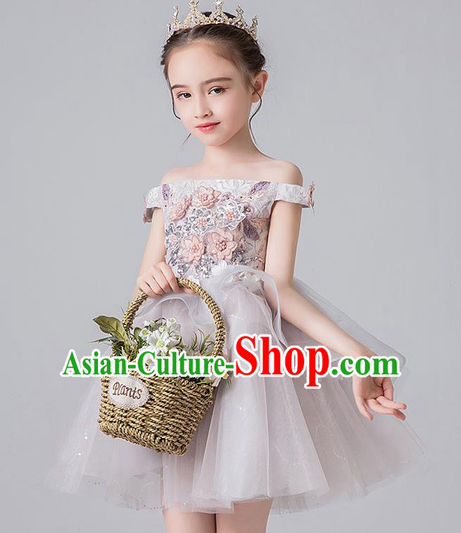 Professional Stage Show Veil Bubble Dress Girls Birthday Costume Children Top Grade Compere Grey Short Full Dress