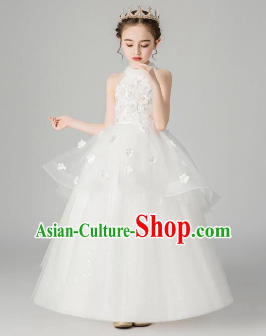 Professional Stage Show Girls Catwalks White Veil Dress Children Birthday Costume Top Grade Compere Full Dress