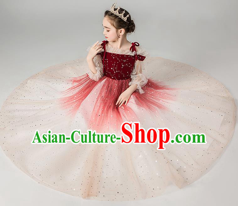 Professional Stage Show Girls Catwalks Purplish Red Velvet Dress Children Birthday Costume Top Grade Compere Veil Full Dress