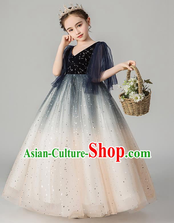 Professional Stage Show Girls Catwalks Navy Velvet Dress Children Birthday Costume Top Grade Compere Veil Full Dress