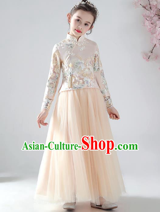 Chinese Traditional Tang Suit Apricot Blouse and Skirt Qipao Dress Ancient Girl Costumes Stage Show Cheongsam Apparels for Kids