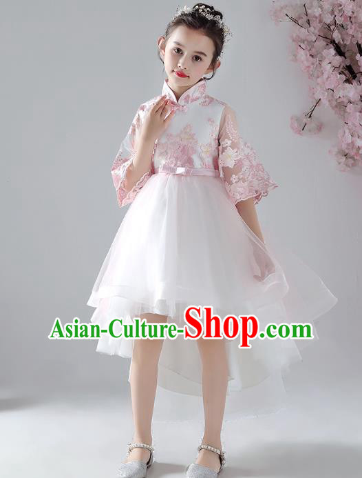 Chinese Traditional Tang Suit Bubble Qipao Dress Girl Costumes Stage Show Veil Cheongsam Apparels for Kids