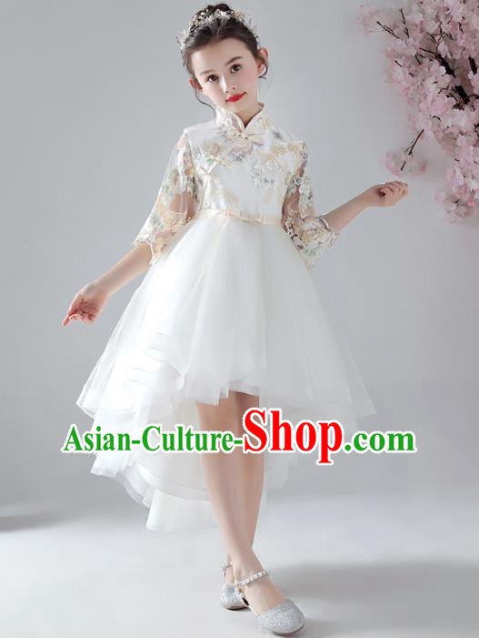 Chinese Traditional Tang Suit White Bubble Qipao Dress Girl Costumes Stage Show Veil Cheongsam Apparels for Kids