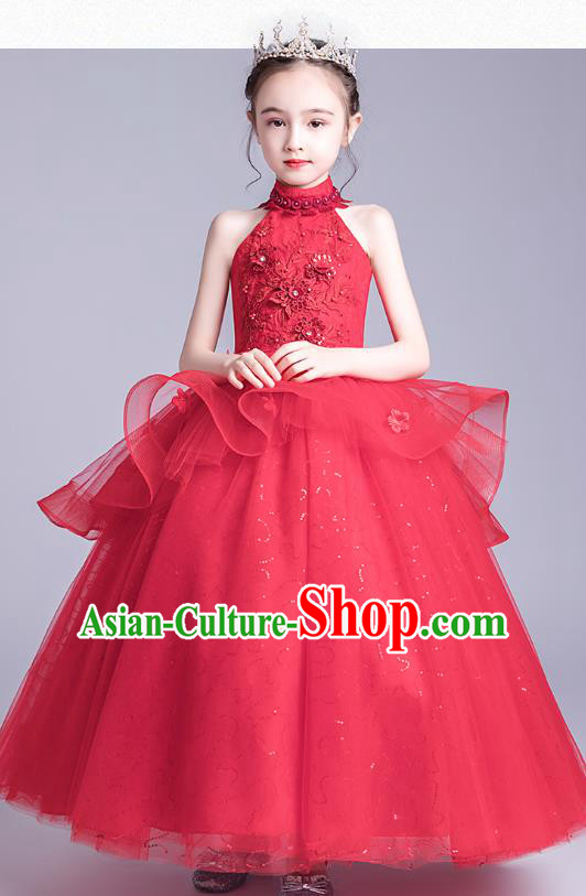 Top Grade Stage Show Red Veil Dress Girls Birthday Costume Children Compere Full Dress