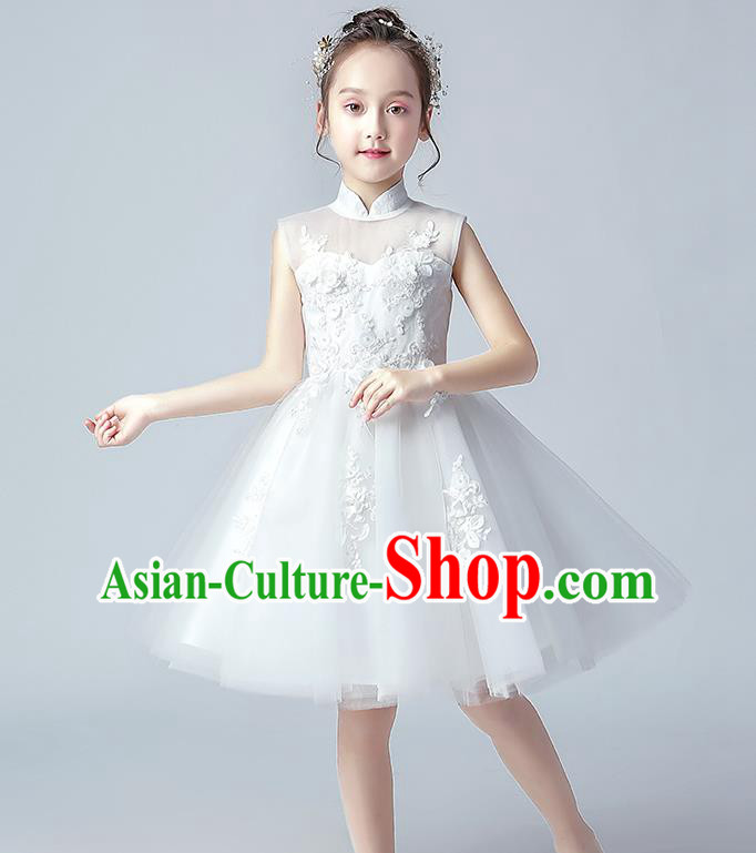 Top Grade Birthday Short Full Dress Children Compere Costume Stage Show Girls Catwalks White Veil Bubble Dress