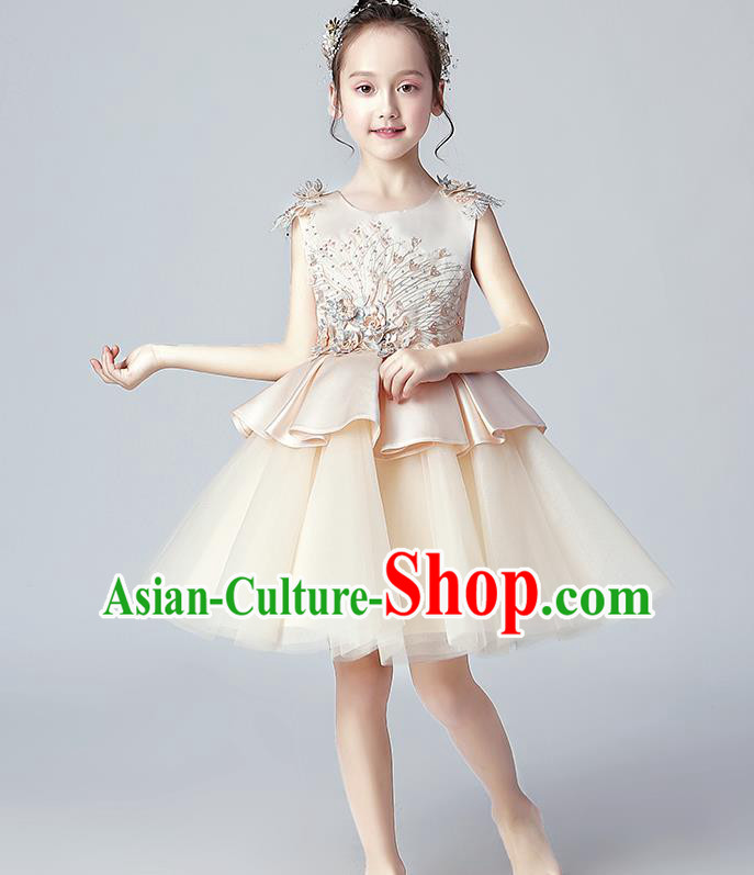 Top Grade Birthday Champagne Satin Full Dress Children Compere Costume Stage Show Girls Catwalks Veil Bubble Dress