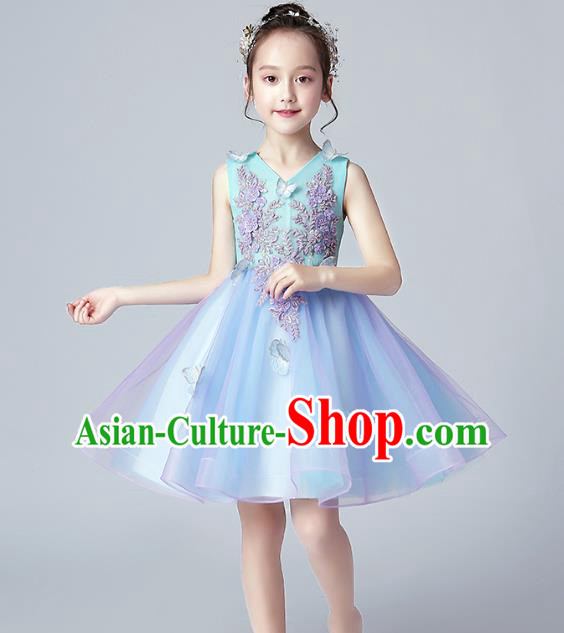 Top Grade Birthday Blue Full Dress Children Compere Costume Stage Show Girls Catwalks Veil Short Dress