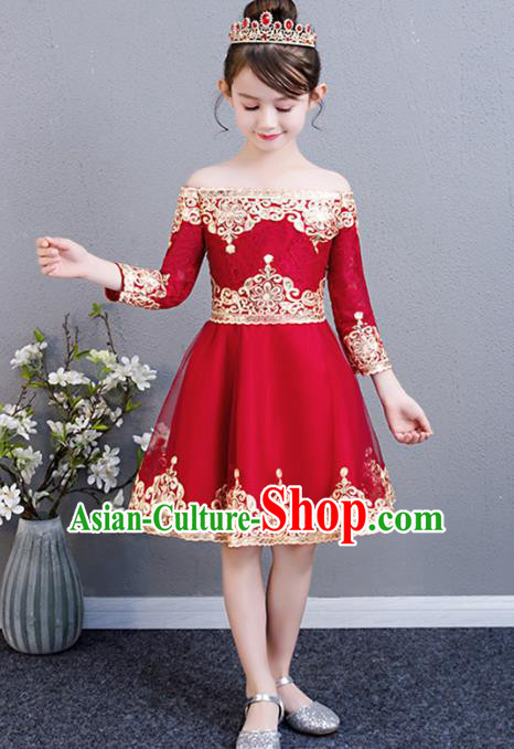 Top Grade Birthday Red Short Full Dress Children Compere Costume Stage Show Girls Catwalks Off Shoulder Dress