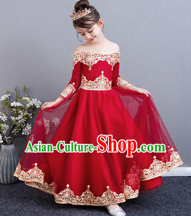 Top Grade Birthday Red Lace Full Dress Children Compere Costume Stage Show Girls Catwalks Off Shoulder Long Dress