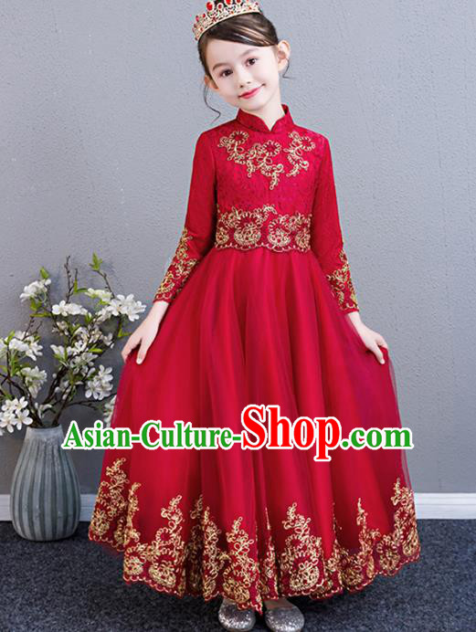 Top Grade Birthday Stand Collar Full Dress Children Compere Costume Stage Show Girls Catwalks Red Lace Long Dress