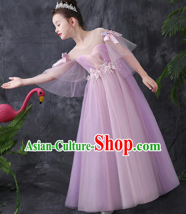 Top Grade Birthday Lilac Full Dress Children Compere Costume Stage Show Girls Catwalks Long Veil Dress