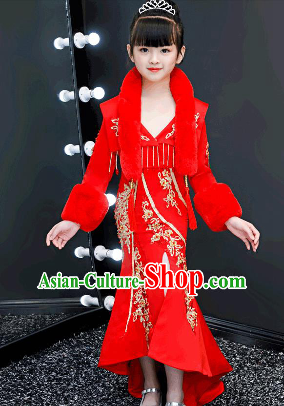 Chinese Traditional Tang Suit Winter Red Qipao Dress Girl Costumes Stage Show Cheongsam Apparels for Kids