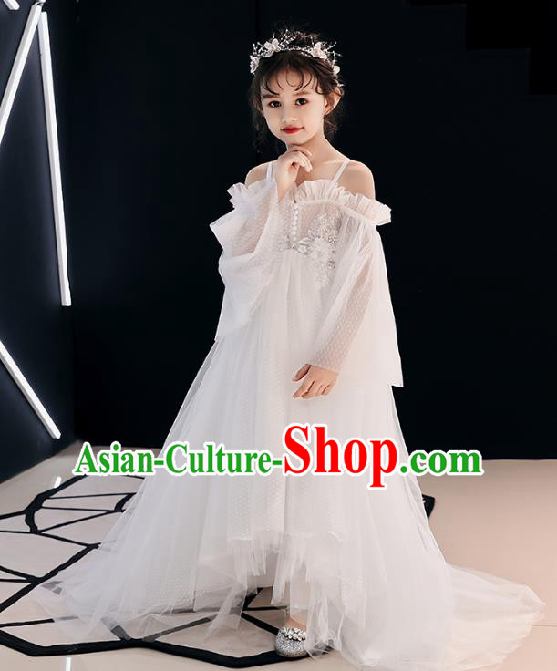 Top Grade Birthday White Veil Full Dress Children Compere Costume Stage Show Girls Catwalks Trailing Long Dress