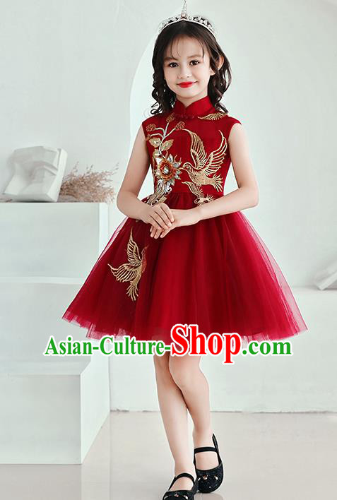 Top Grade Birthday Wine Red Veil Full Dress Children Compere Costume Stage Show Girls Catwalks Short Bubble Dress