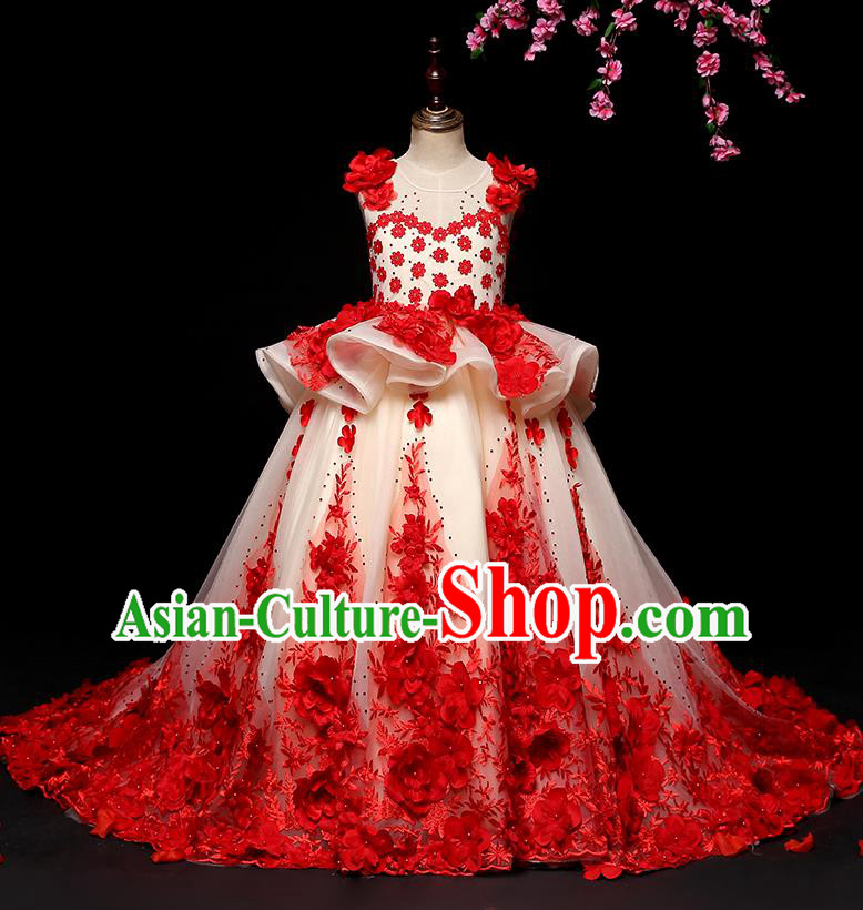 Top Grade Catwalks Trailing Full Dress Children Birthday Costume Stage Show Girls Compere Long Dress