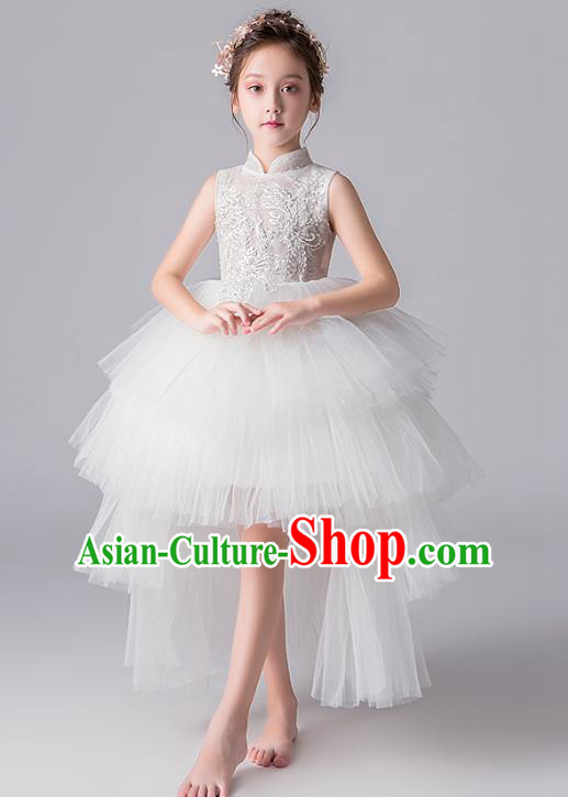 Top Grade Catwalks White Lace Full Dress Children Birthday Costume Stage Show Girls Compere Veil Dress