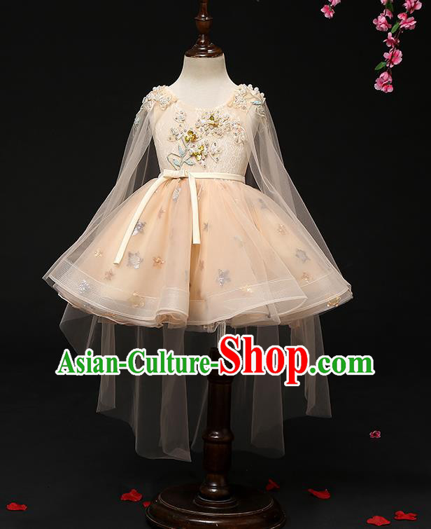 Top Grade Catwalks Apricot Full Dress Children Birthday Costume Stage Show Girls Compere Short Veil Dress