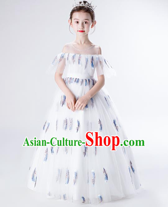 Top Grade Children Compere Costume Stage Show Birthday Full Dress Professional Girls Catwalks White Long Dress