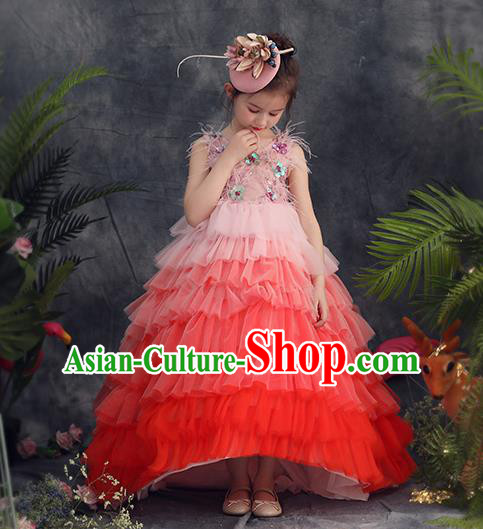 Top Grade Catwalks Pink Feather Full Dress Children Birthday Costume Stage Show Girls Compere Layered Dress