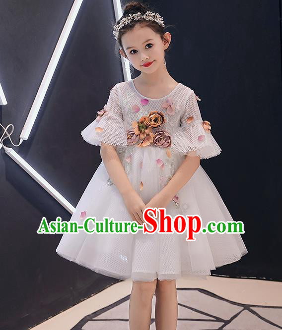 Top Grade Birthday Short Full Dress Children Compere Costume Stage Show Girls Catwalks Grey Veil Dress