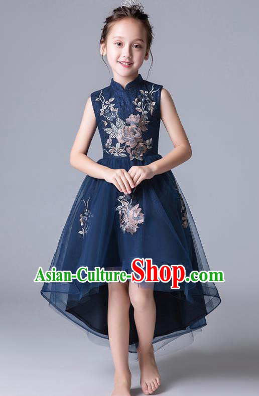 Top Grade Catwalks Navy Lace Full Dress Children Birthday Costume Stage Show Girls Compere Bubble Dress