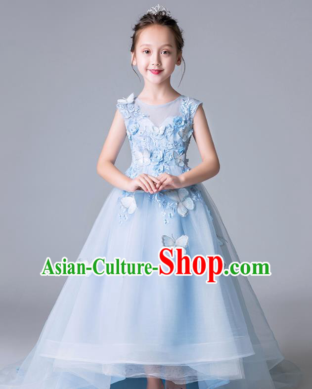 Top Grade Catwalks Blue Veil Full Dress Children Birthday Costume Stage Show Girls Compere Butterfly Dress