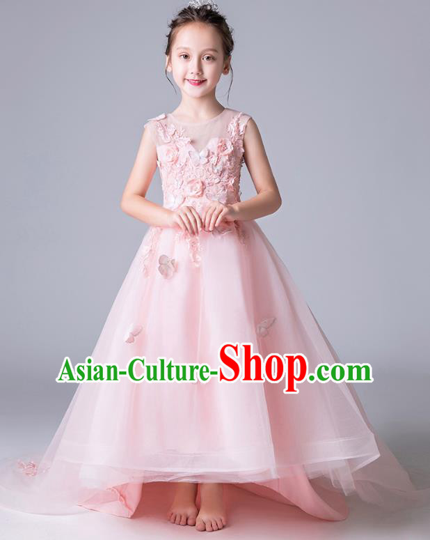 Top Grade Catwalks Pink Veil Full Dress Children Birthday Costume Stage Show Girls Compere Butterfly Flowers Dress