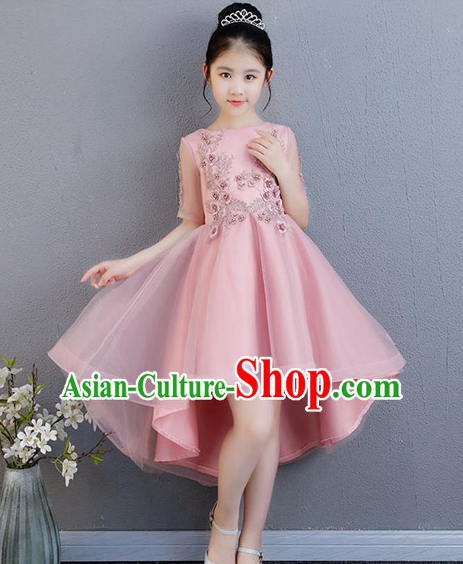 Top Grade Catwalks Pink Short Full Dress Children Birthday Costume Stage Show Girls Compere Lace Dress