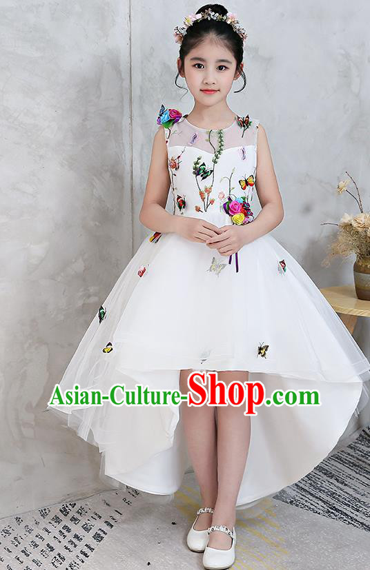 Top Grade Catwalks Flowers Full Dress Children Birthday Costume Stage Show Girls Compere White Veil Dress