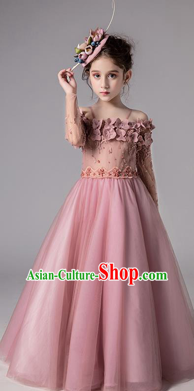 Top Grade Catwalks Off Shoulder Full Dress Children Birthday Costume Stage Show Girls Compere Deep Pink Veil Dress