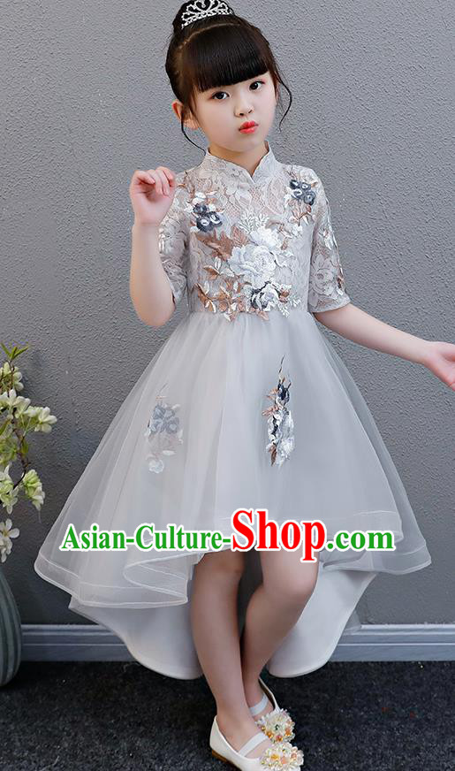 Top Grade Catwalks Grey Veil Full Dress Children Birthday Costume Stage Show Girls Compere Embroidered Lace Dress