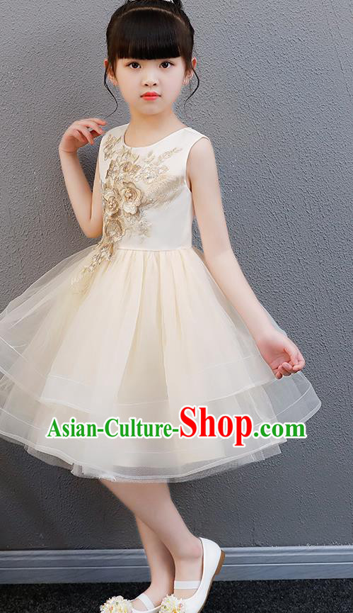 Top Grade Catwalks Beige Veil Full Dress Children Birthday Costume Stage Show Girls Compere Embroidered Flowers Dress