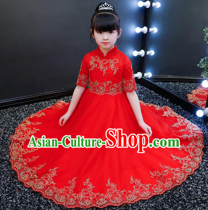 Top Grade Catwalks Veil Full Dress Children Birthday Costume Stage Show Girls Compere Red Long Dress