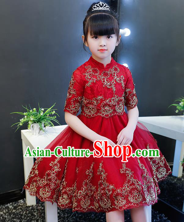 Top Grade Catwalks Lace Short Full Dress Children Birthday Costume Stage Show Girls Compere Red Veil Dress