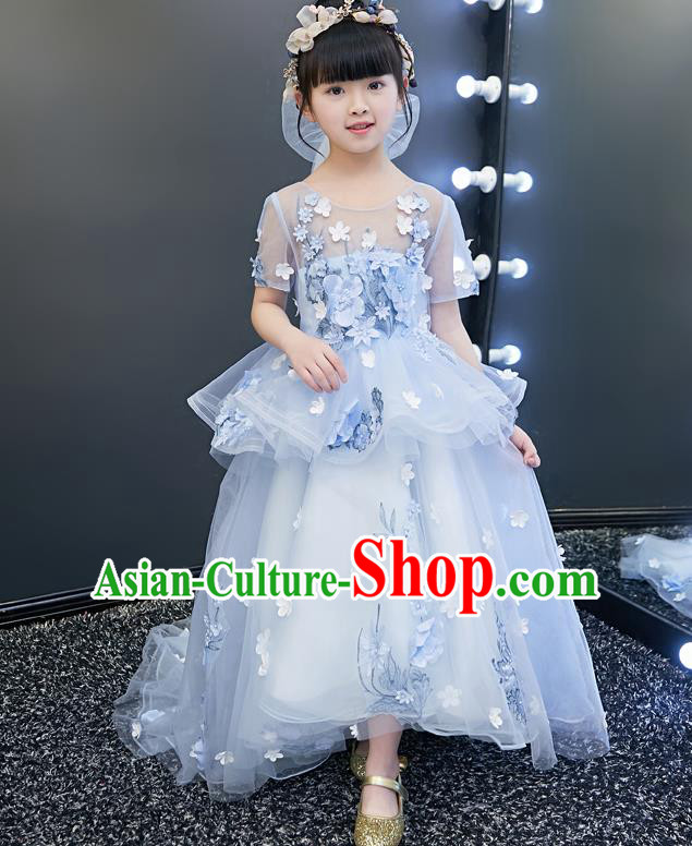 Top Grade Catwalks Flowers Full Dress Children Birthday Costume Stage Show Girls Compere Light Blue Veil Trailing Dress