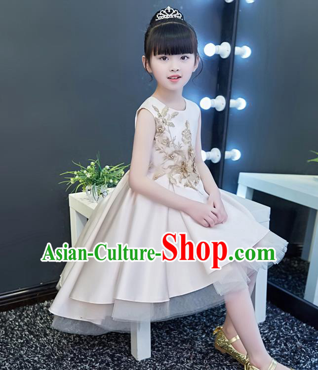 Top Grade Catwalks Light Pink Satin Full Dress Children Birthday Costume Stage Show Compere Flowers Girls Dress