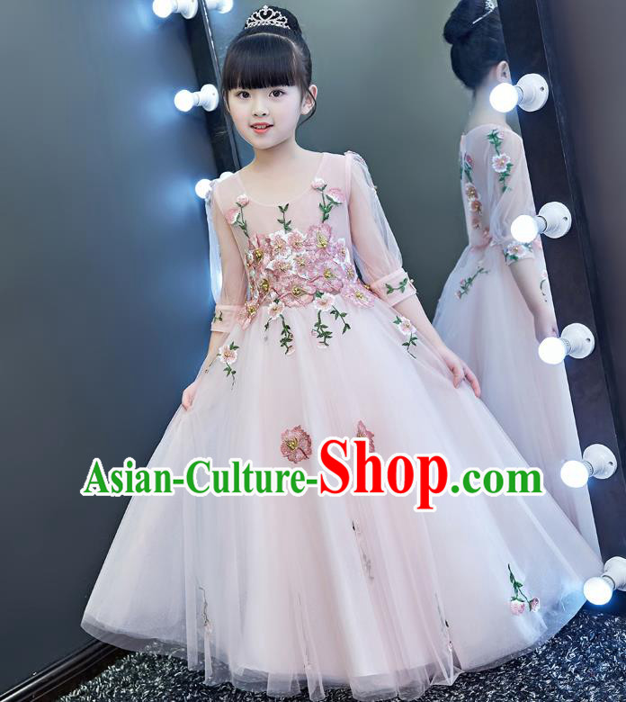 Top Grade Catwalks Flowers Girls Full Dress Children Birthday Costume Stage Show Compere Pink Veil Dress