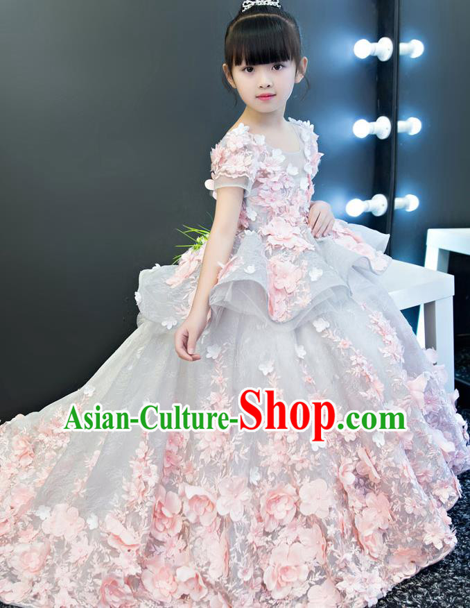 Top Grade Catwalks Flowers Trailing Full Dress Children Birthday Costume Stage Show Compere Dress