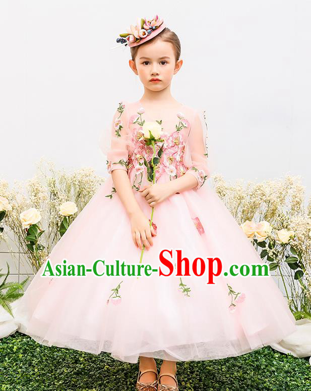 Top Grade Catwalks Pink Full Dress Children Birthday Costume Stage Show Compere Flowers Dress