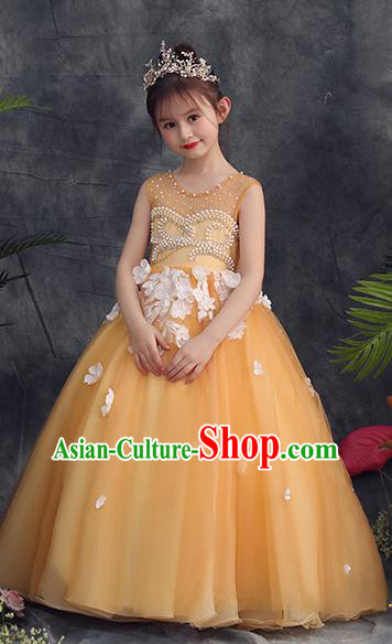 Top Grade Catwalks Yellow Full Dress Children Birthday Costume Stage Show Girls Compere Embroidered Beads Veil Dress