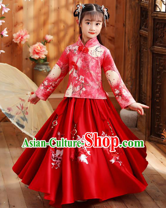 Chinese Traditional Tang Suit Red Qipao Blouse and Skirt Girl Costumes Stage Show Cheongsam Dress Apparels for Kids