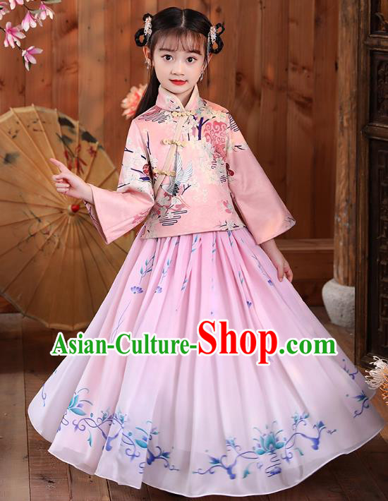 Chinese Traditional Tang Suit Printing Pink Blouse and Skirt Girl Costumes Stage Show Cheongsam Qipao Dress Apparels for Kids