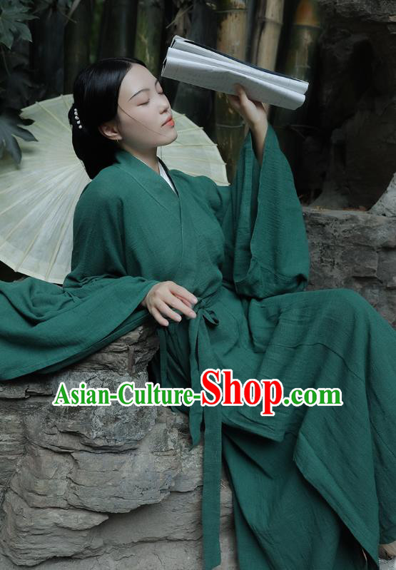 Chinese Traditional Ancient Female Swordsman Garment Jin Dynasty Palace Lady Green Flax Hanfu Dress Costumes