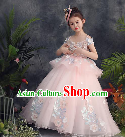 Top Grade Catwalks Flowers Fairy Pink Full Dress Children Birthday Costume Stage Show Girls Compere Veil Dress